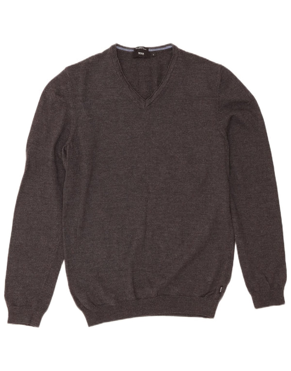 Hugo Boss Mens Slim Fit V-Neck Jumper Sweater Large Grey Virgin Wool