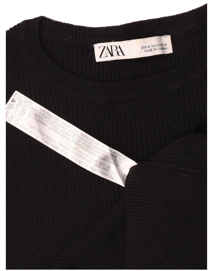 Zara Womens Crop Crew Neck Jumper Sweater UK 12 Medium Black Viscose