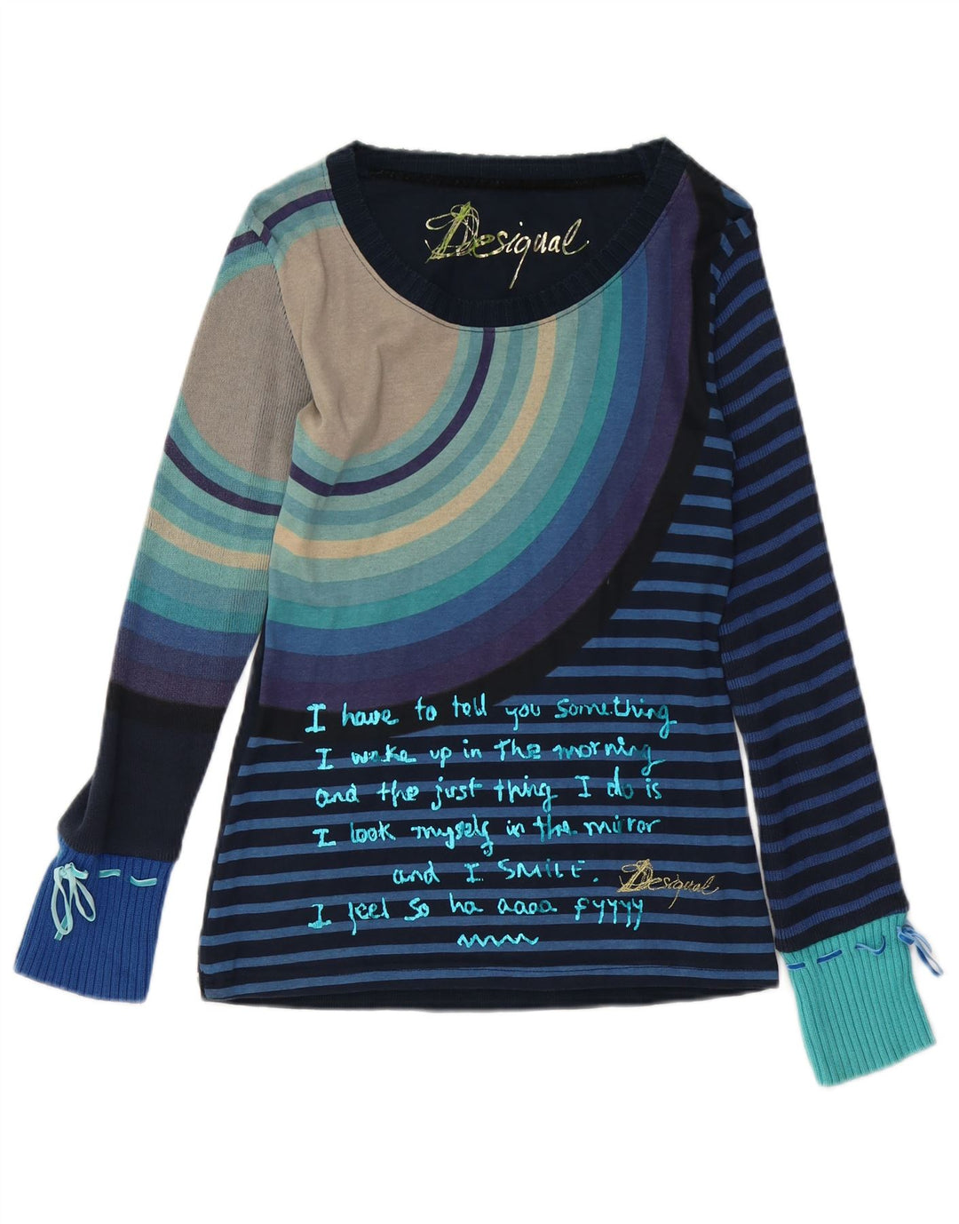 DESIGUAL Womens Graphic Top Long Sleeve UK 12 Medium Blue Striped Cotton