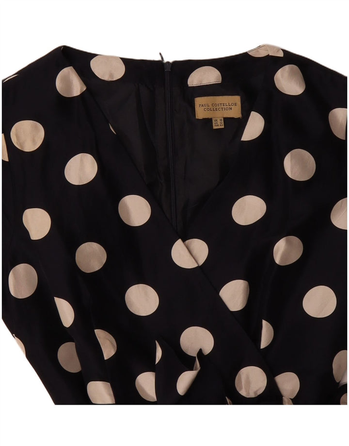 PAUL COSTELLOE Womens A-Line Dress UK 16 Large Navy Blue Polka Dot Silk