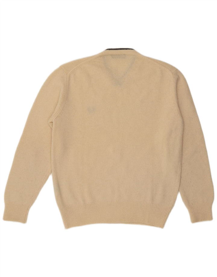 Fred Perry Mens V-Neck Jumper Sweater Large Beige Wool