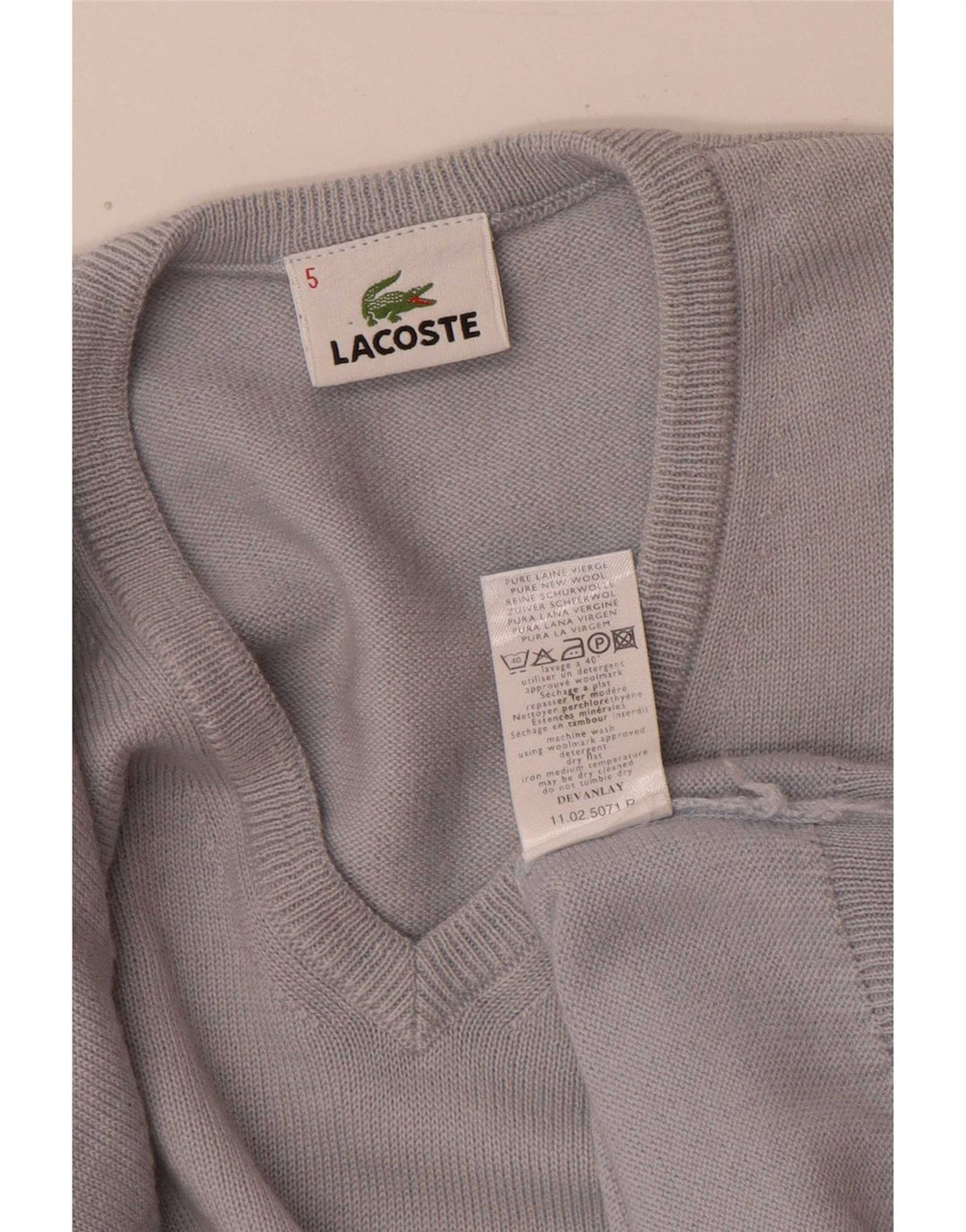 Lacoste Mens V-Neck Jumper Sweater Size 5 Large Blue Virgin Wool