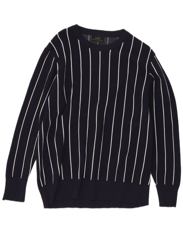 Zara Mens Regular Fit Boat Neck Jumper Sweater Medium Navy Blue Striped