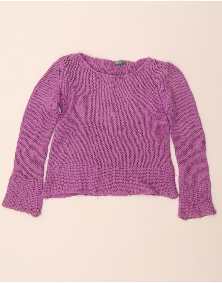 BENETTON Womens Crop Boat Neck Jumper Sweater UK 10 Small Purple Wool