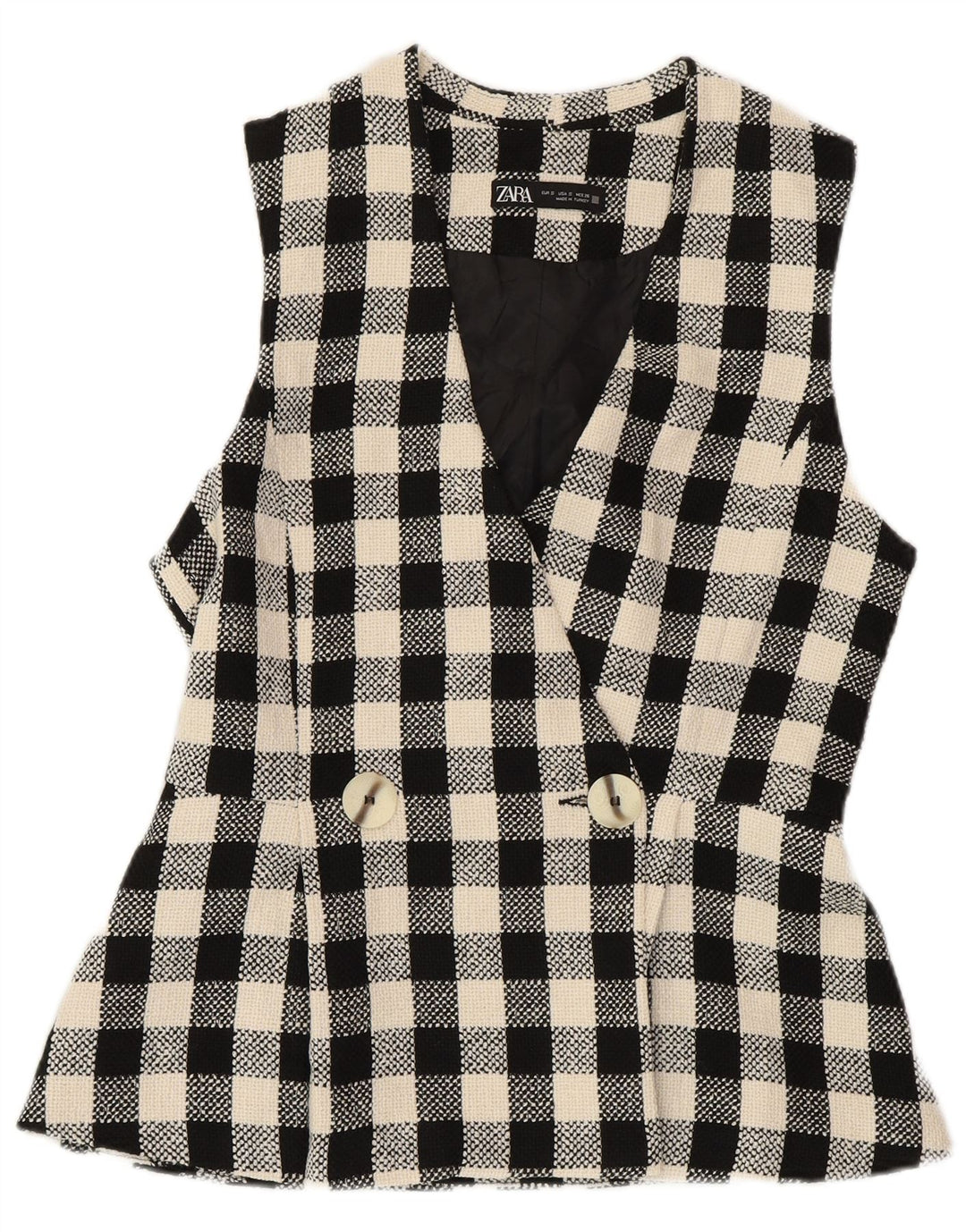 ZARA Womens Double Breasted Gilet UK 10 Small Black Check Cotton