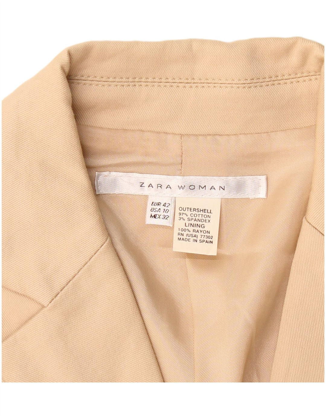 ZARA Womens 2 Button Blazer Jacket EU 42 Large Beige Cotton