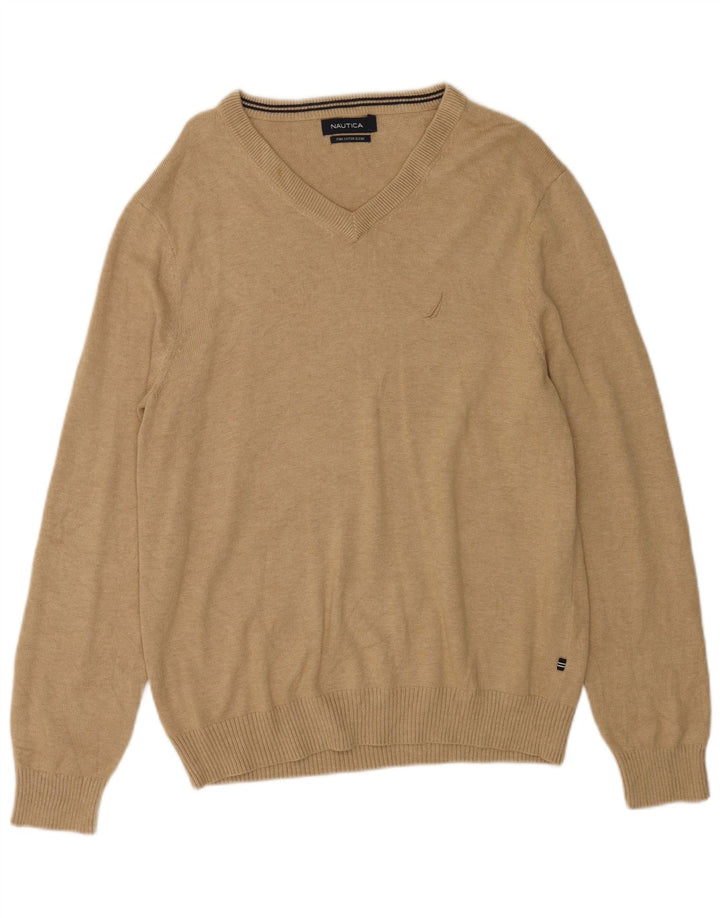 NAUTICA Mens V-Neck Jumper Sweater Medium Beige Cotton