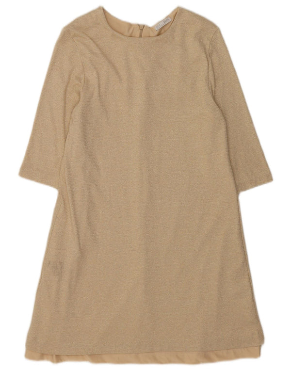 Zara Womens 3/4 Sleeve A-Line Dress UK 12 Medium Beige Viscose
