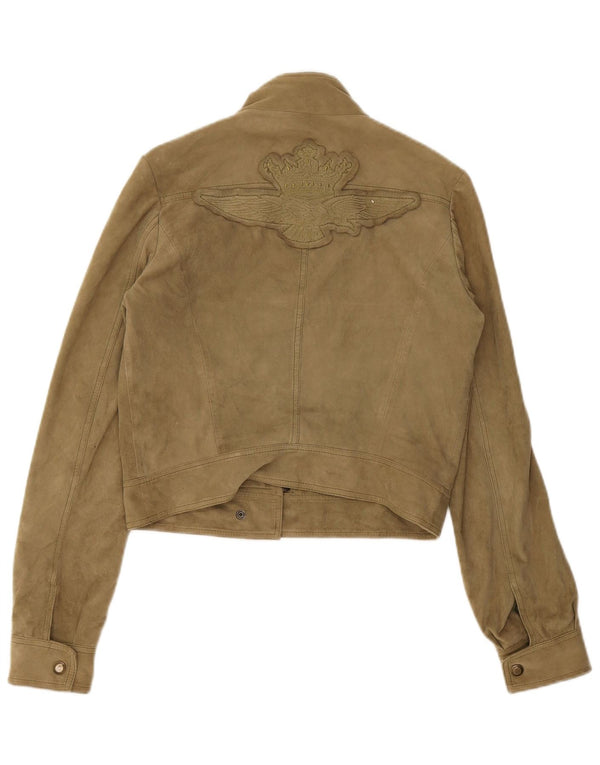 Aeronautica Militare Womens Crop Suede Jacket IT 42 Medium Khaki Leather