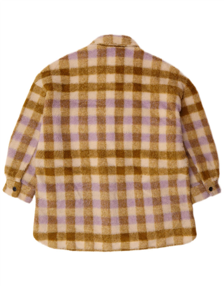 Zara Womens Oversized Fleece Jacket UK 10 Small Beige Plaid Polyester
