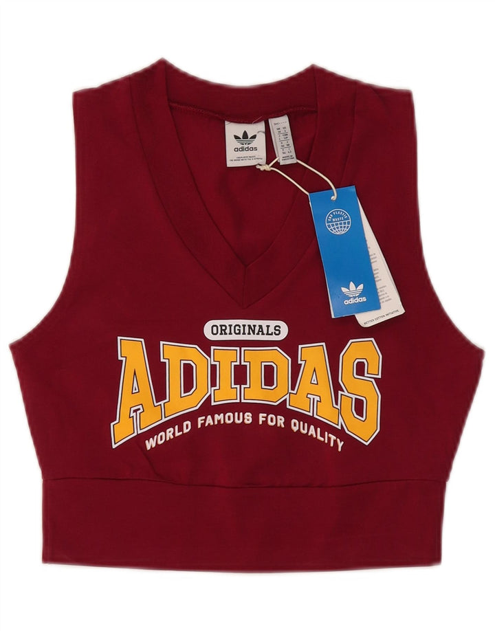 ADIDAS Womens Crop Graphic Vest Top UK 10 Small Burgundy Cotton
