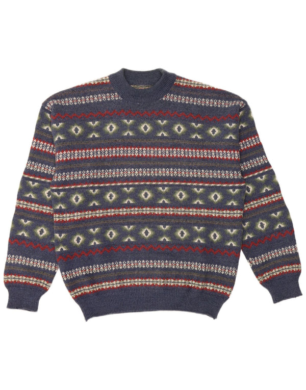 Vintage Mens Crew Neck Jumper Sweater Small Navy Blue Fair Isle Acrylic