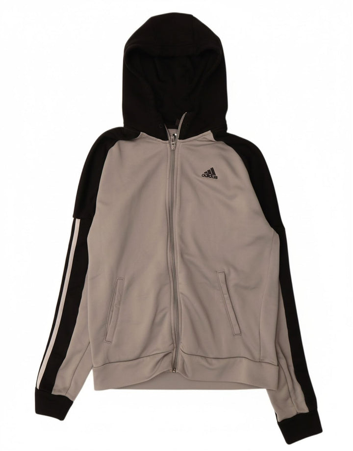 ADIDAS Womens Zip Hoodie Sweater UK 14 Medium Grey Colourblock Polyester