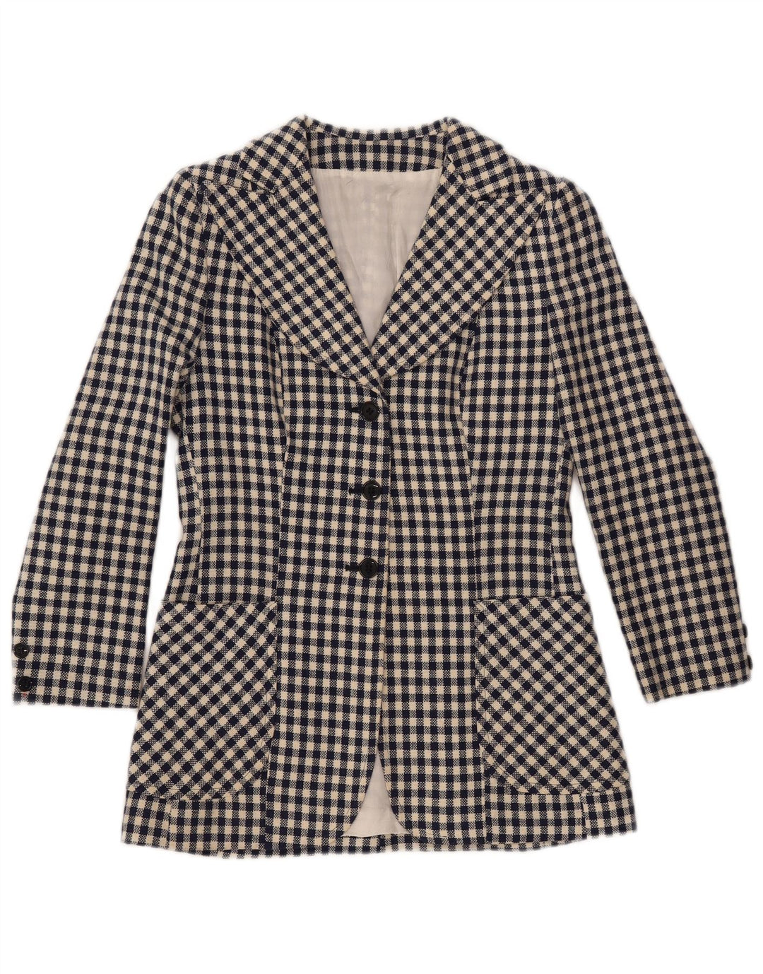 VINTAGE Womens 3 Button Blazer Jacket UK 10 Small Navy Blue Gingham