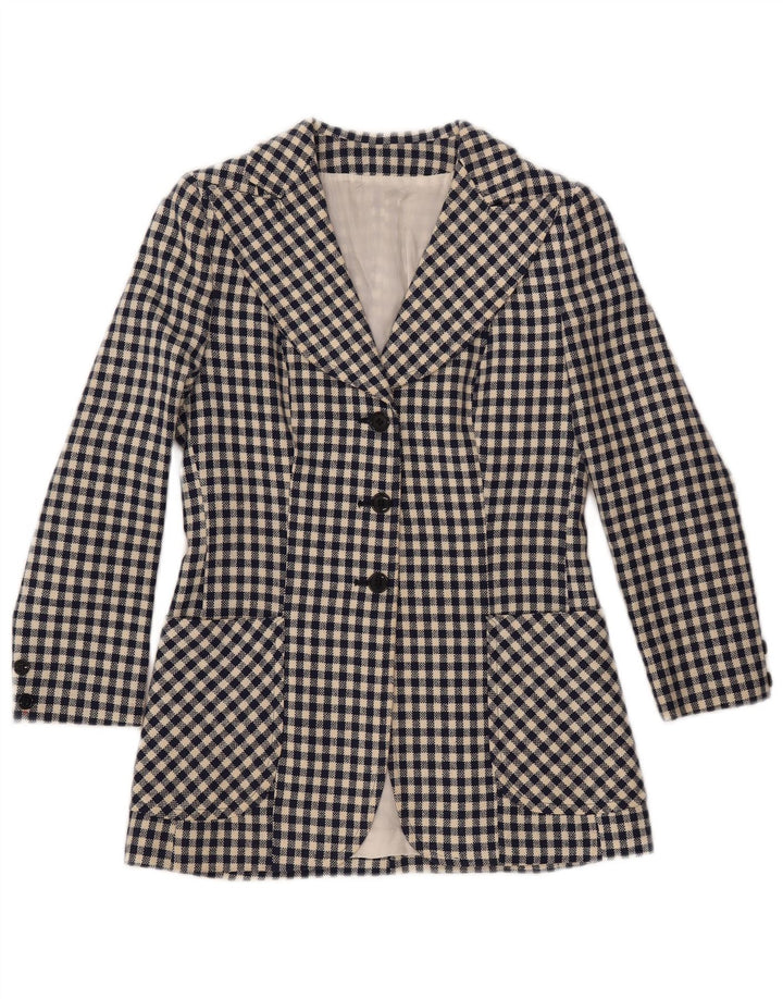 VINTAGE Womens 3 Button Blazer Jacket UK 10 Small Navy Blue Gingham