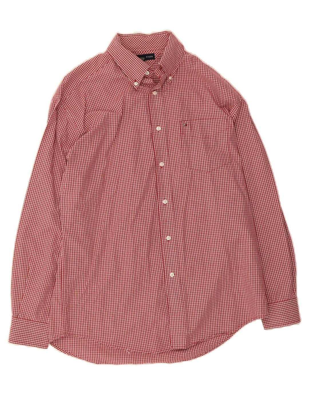 TOMMY HILFIGER Mens Flannel Shirt Medium Burgundy Gingham Cotton Vintage Tommy Hilfiger and Second-Hand Tommy Hilfiger from Messina Hembry 