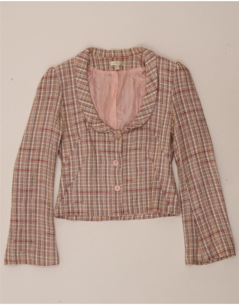 KOOKAI Womens Crop 3 Button Blazer Jacket IT 40 Small Pink Check Viscose Vintage Kookai and Second-Hand Kookai from Messina Hembry 