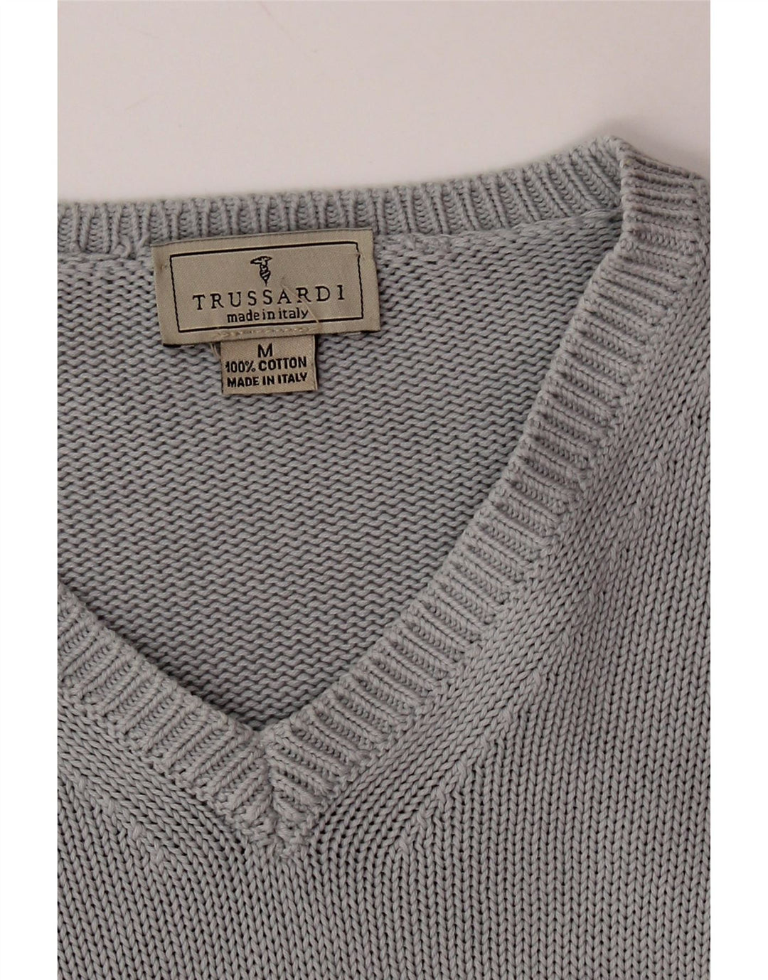 TRUSSARDI Mens V-Neck Jumper Sweater Medium Grey Cotton