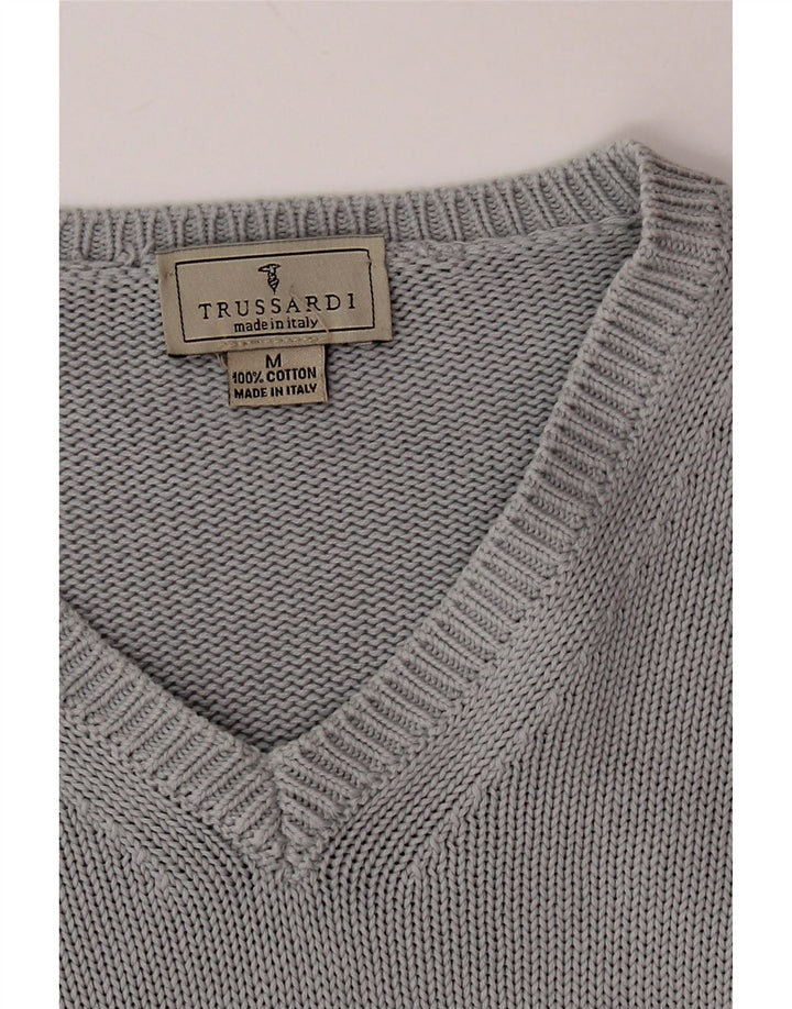 TRUSSARDI Mens V-Neck Jumper Sweater Medium Grey Cotton