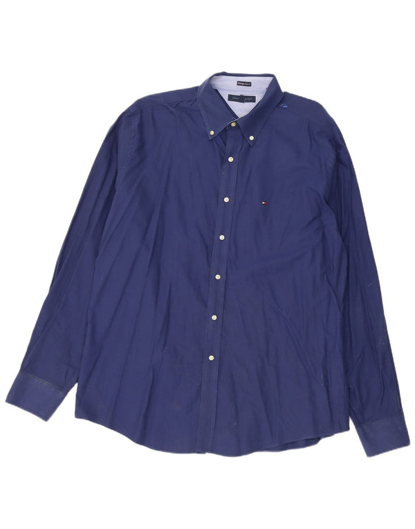 Tommy Hilfiger Mens Slim Fit Shirt Size 17 1/2 XL Navy Blue Cotton
