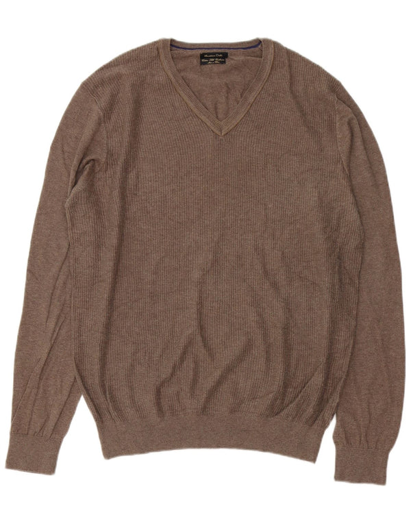 Massimo Dutti Mens V-Neck Jumper Sweater Large Brown Cotton