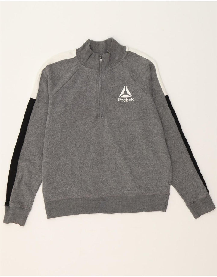 REEBOK Womens Zip Neck Sweatshirt Jumper UK 14 Medium Grey Colourblock Vintage Reebok and Second-Hand Reebok from Messina Hembry 