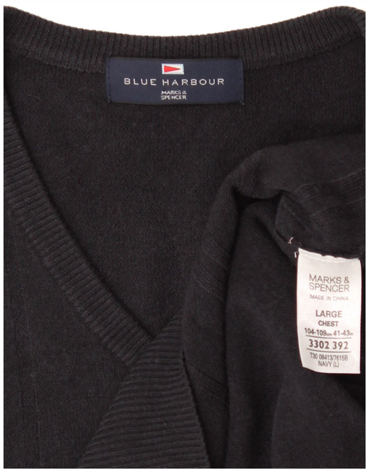 MARKS & SPENCER Mens Blue Harbour V-Neck Jumper Sweater Large Navy Blue