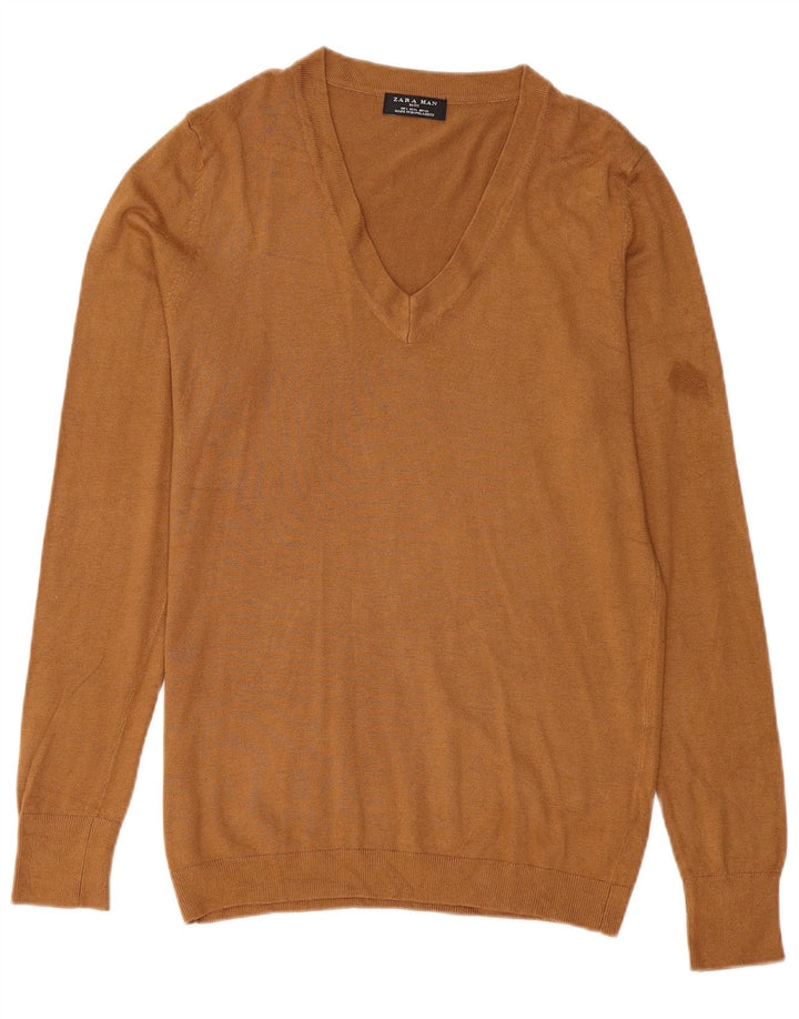 Zara Mens V-Neck Jumper Sweater Large Brown Viscose
