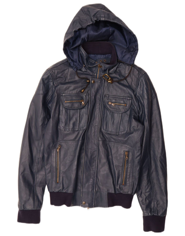 VINTAGE Womens Hooded Leather Jacket UK 14 Large Navy Blue Leather