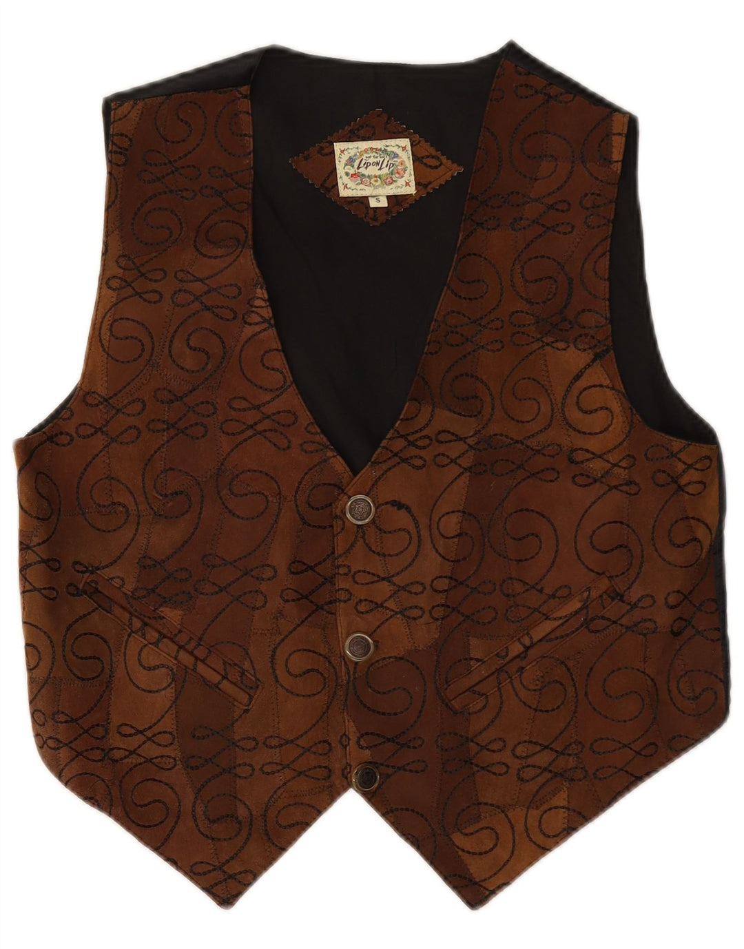 VINTAGE Mens Suede Waistcoat Small Brown Paisley Leather