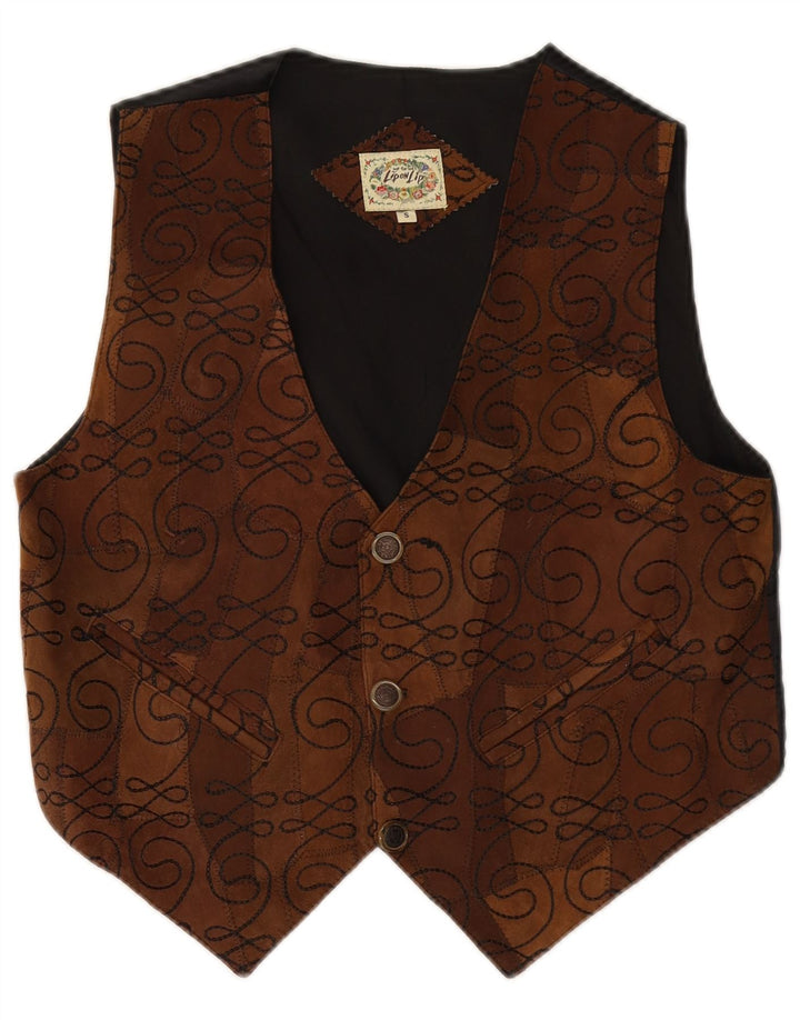VINTAGE Mens Suede Waistcoat Small Brown Paisley Leather