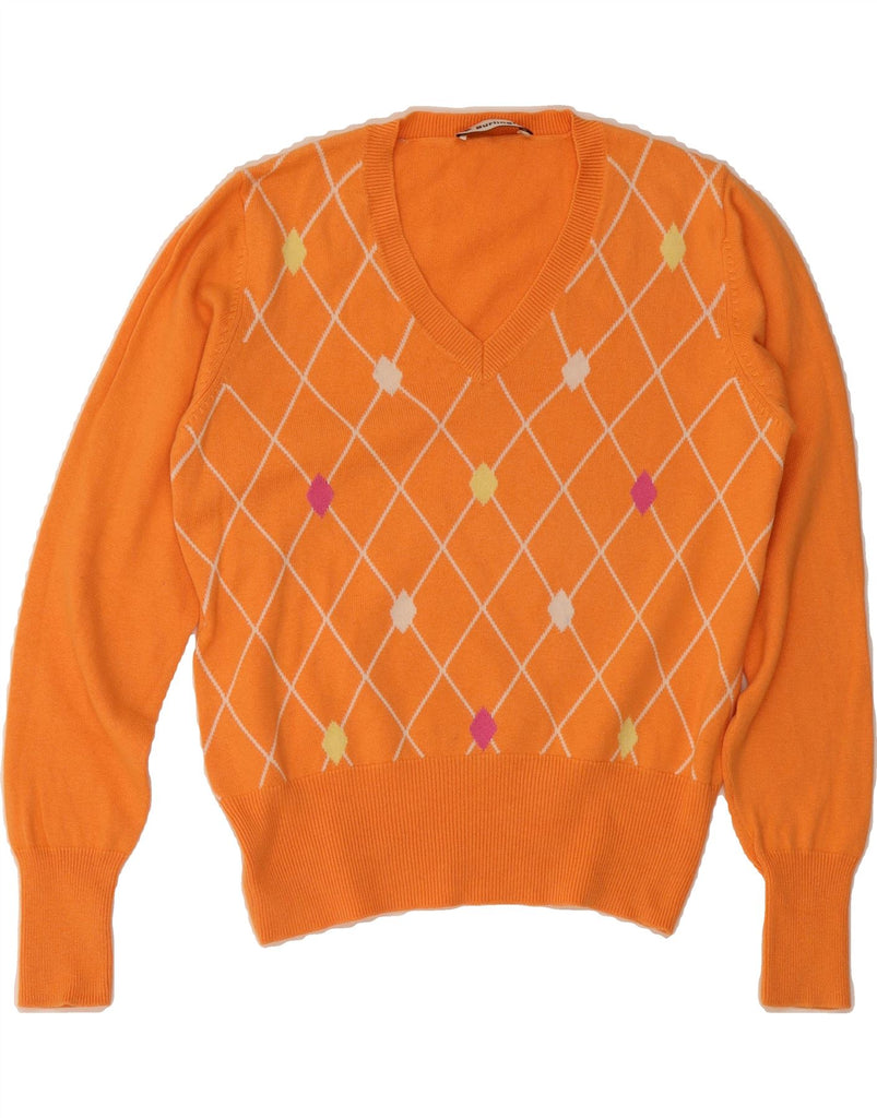 BURLINGTON Womens V-Neck Jumper Sweater UK 10 Small Orange Argyle/Diamond Vintage Burlington and Second-Hand Burlington from Messina Hembry 