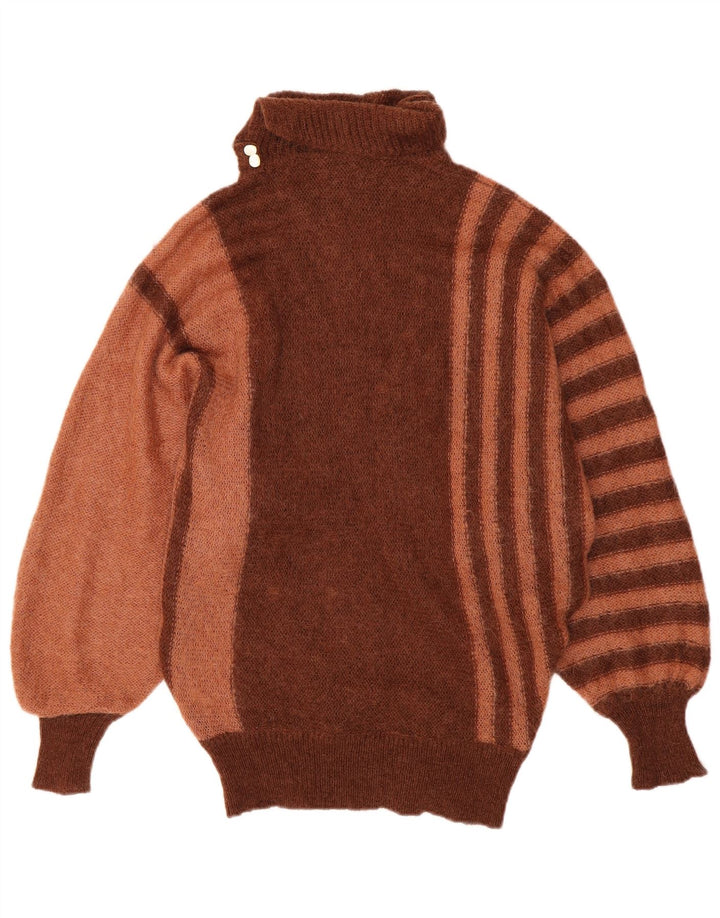 VINTAGE Womens Roll Neck Jumper Sweater UK 14 Large Brown Striped Mohair