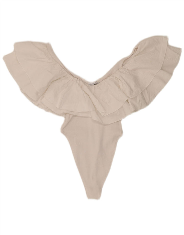 Zara Womens Ruffle Bodysuit UK 8 Small White Cotton