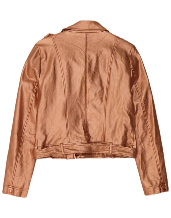 GUESS Womens Crop Faux Leather Biker Jacket UK 12 Medium Gold Polyurethane