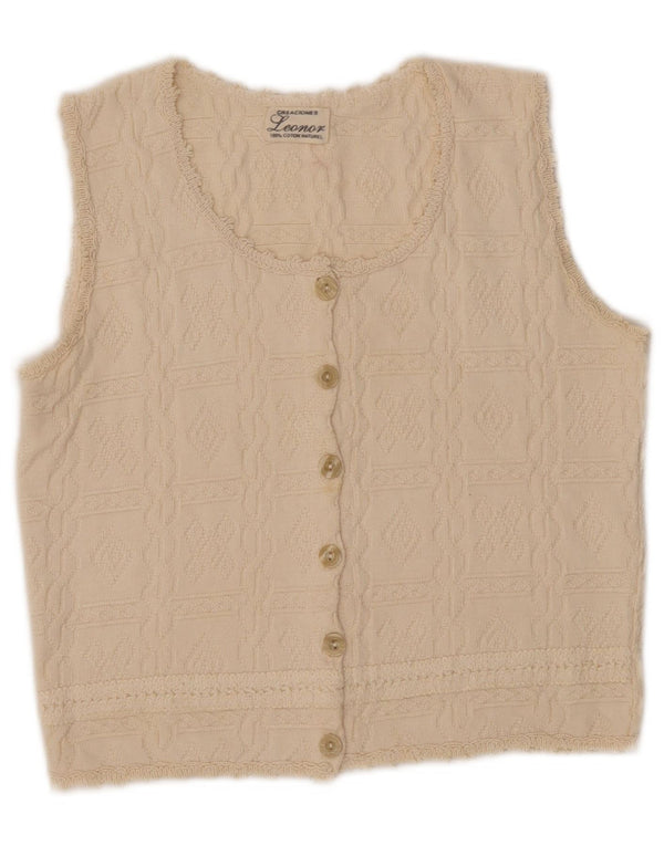 LEONOR Womens Crop Sleeveless Cardigan Sweater UK 10 Small Beige Cotton