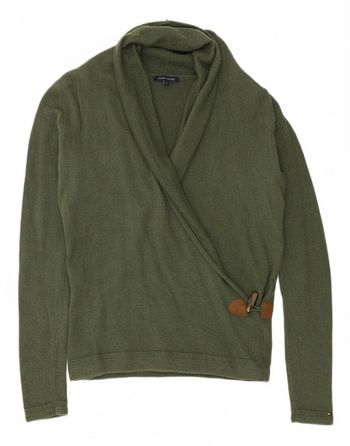 TOMMY HILFIGER Womens Shawl Neck Jumper Sweater UK 14 Medium Green Wool
