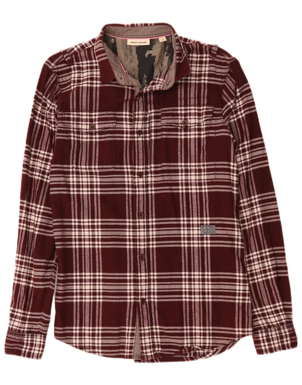 Dkny Mens Flannel Shirt Medium Burgundy Check Cotton