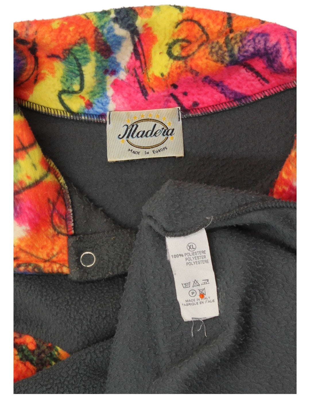 VINTAGE Mens Button Neck Fleece Jumper XL Grey Colourblock Polyester