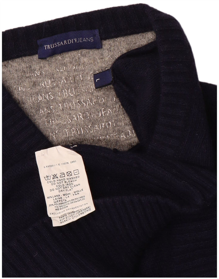 Trussardi Jeans Mens V-Neck Jumper Sweater Large Navy Blue Wool