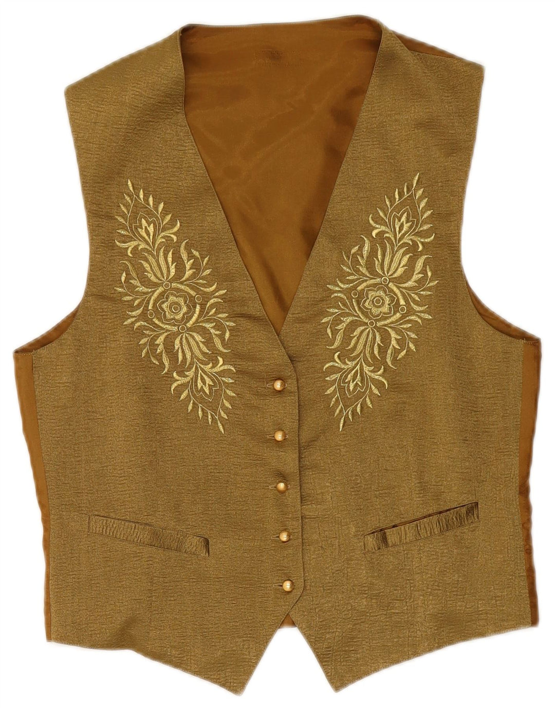 VINTAGE Womens Waistcoat UK 14 Medium Khaki Floral Polyester