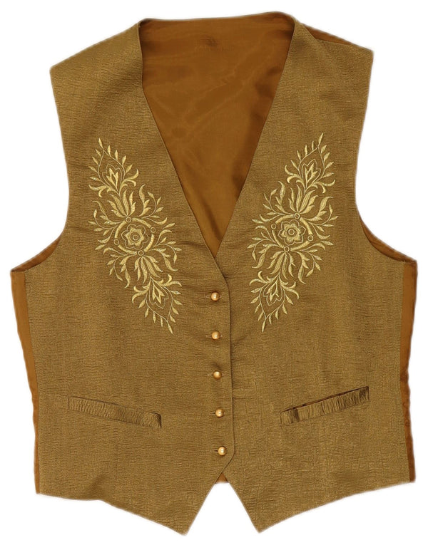 VINTAGE Womens Waistcoat UK 14 Medium Khaki Floral Polyester