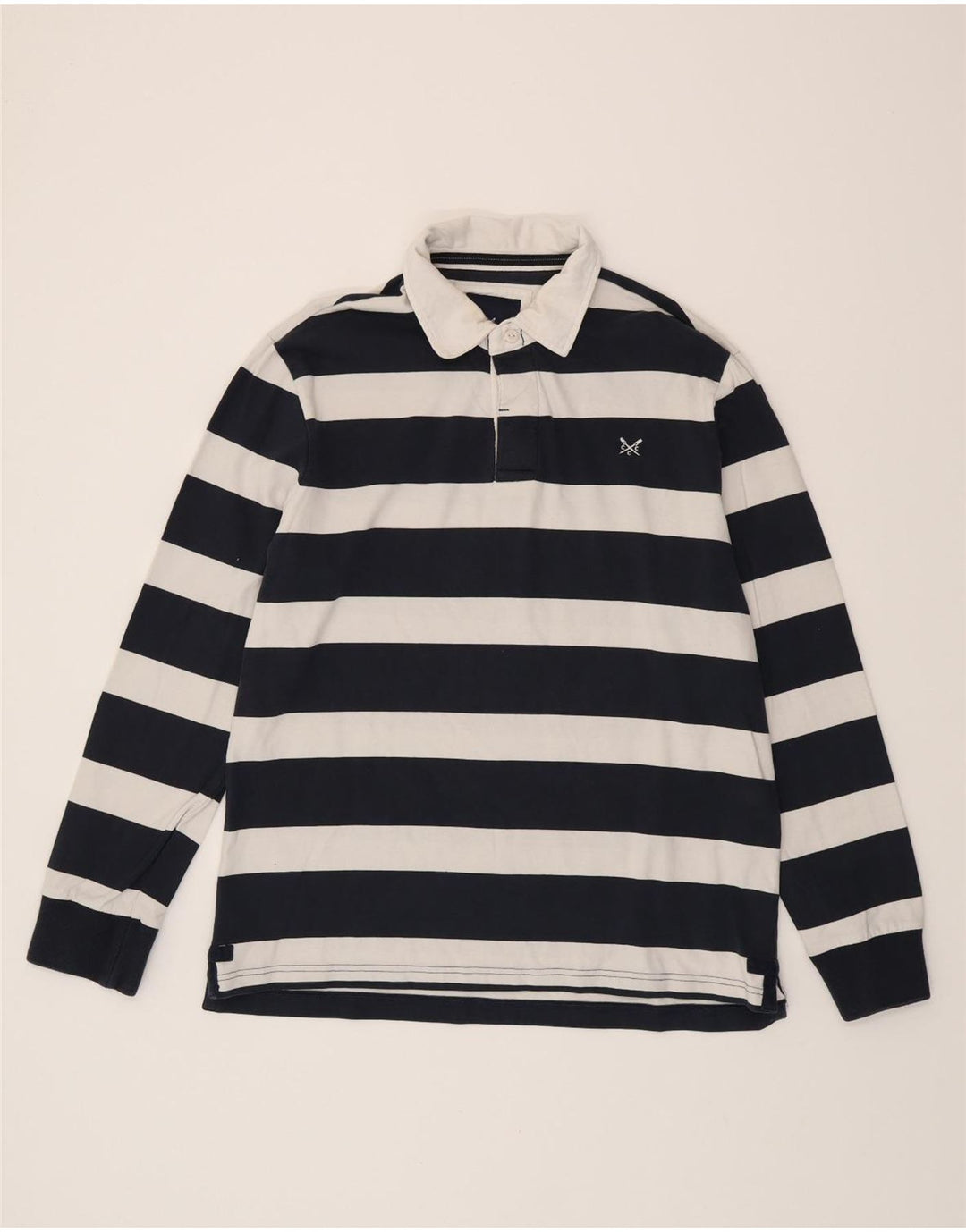 CREW CLOTHING Mens Long Sleeve Rugby Polo Shirt Large Navy Blue Striped