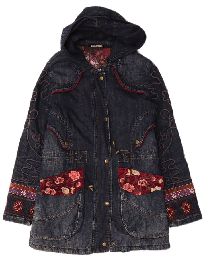Desigual Womens Oversized Graphic Denim Coat EU 36 Small Navy Blue Floral