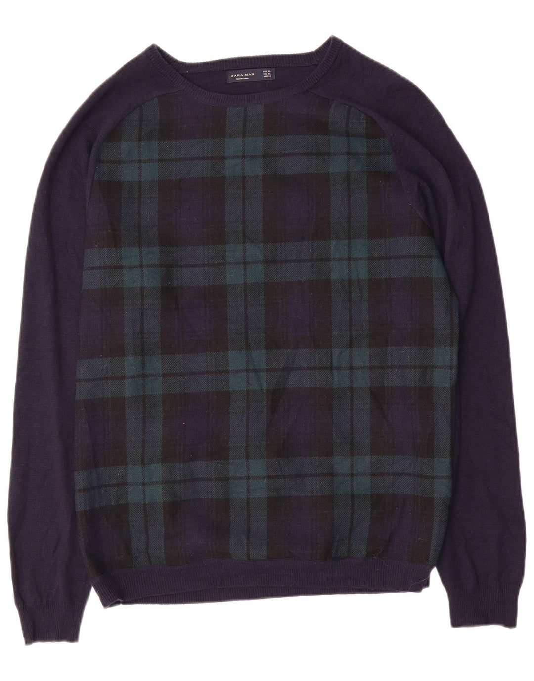 ZARA Mens Boat Neck Jumper Sweater XL Navy Blue Check