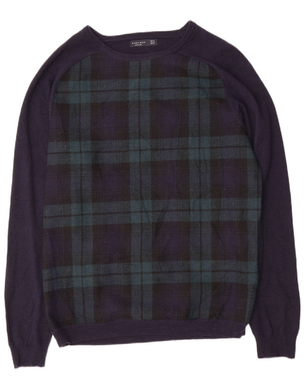 ZARA Mens Boat Neck Jumper Sweater XL Navy Blue Check