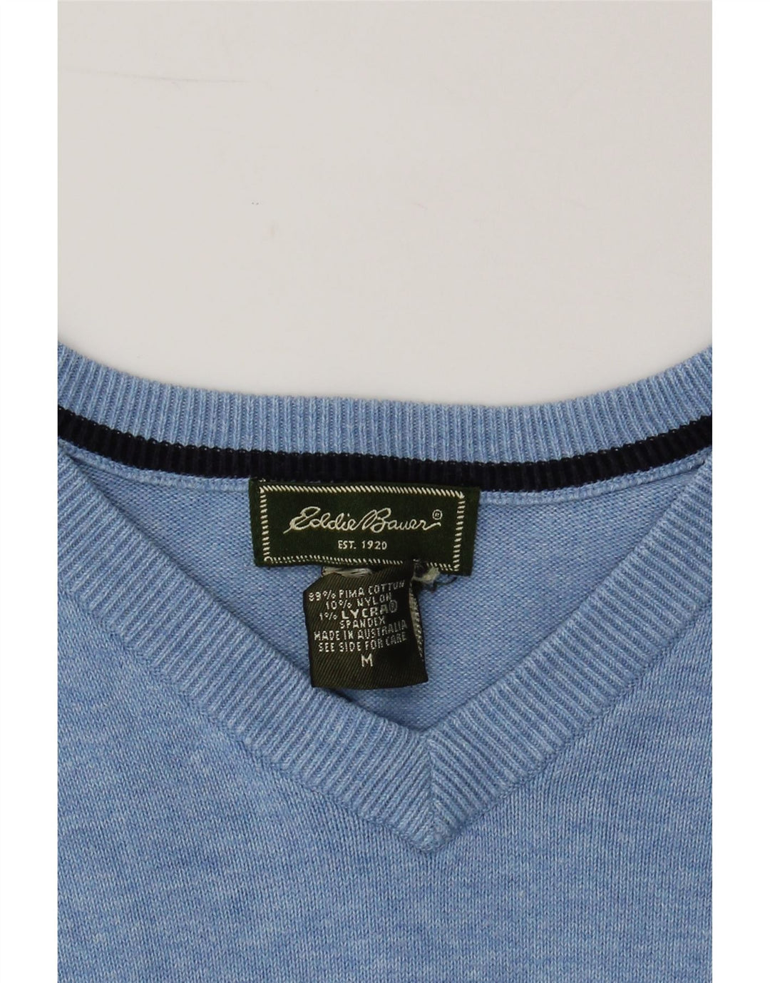 EDDIE BAUER Mens V-Neck Jumper Sweater Medium Blue Cotton Vintage Eddie Bauer and Second-Hand Eddie Bauer from Messina Hembry 