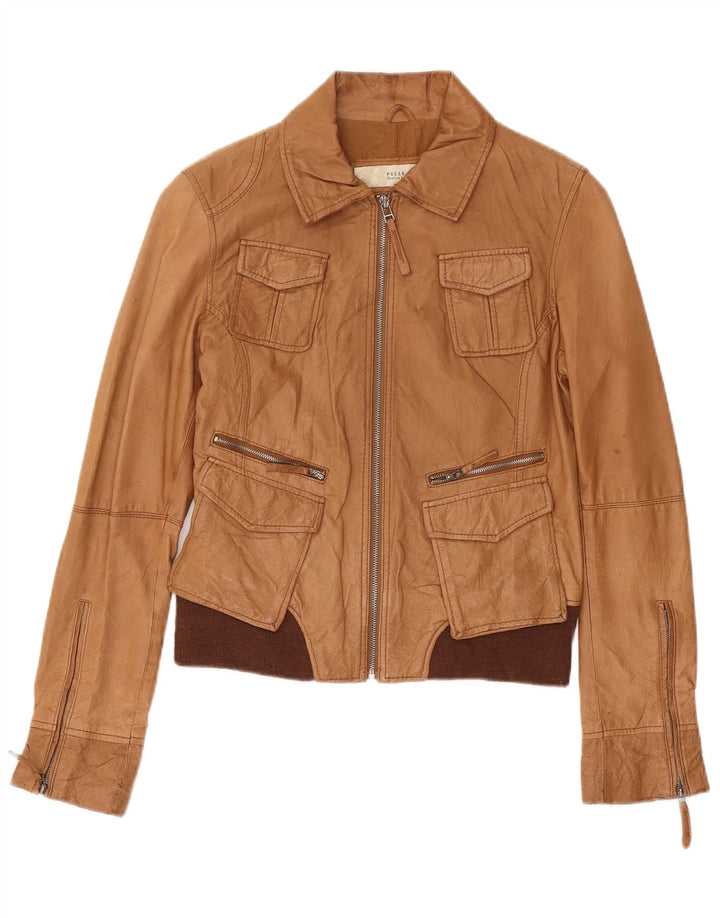 BATA Womens Bomber Leather Jacket IT 46 Large Brown Leather