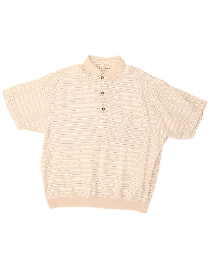 Malagrida Mens Short Sleeve Pullover Shirt Medium Beige Striped Cotton
