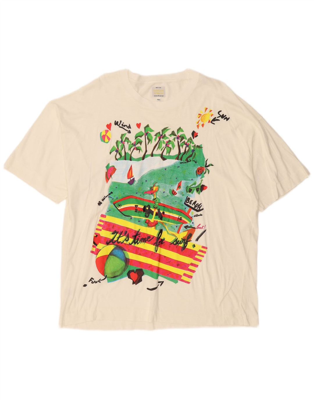 BENETTON Mens Graphic T-Shirt Top XL Off White